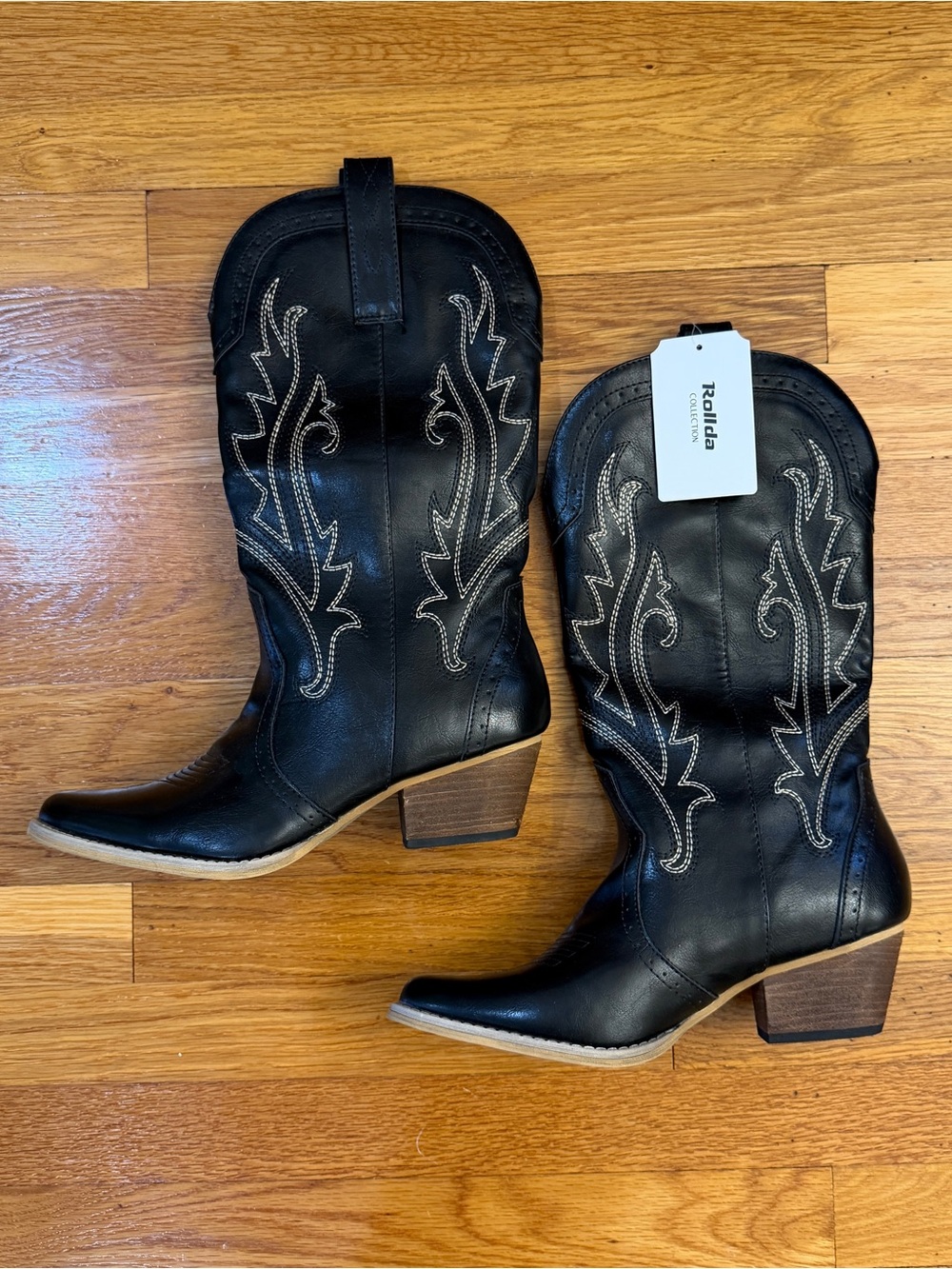 Rollda Black Embroidered Mid-Calf Western Cowboy Boots - Size 10 NWT